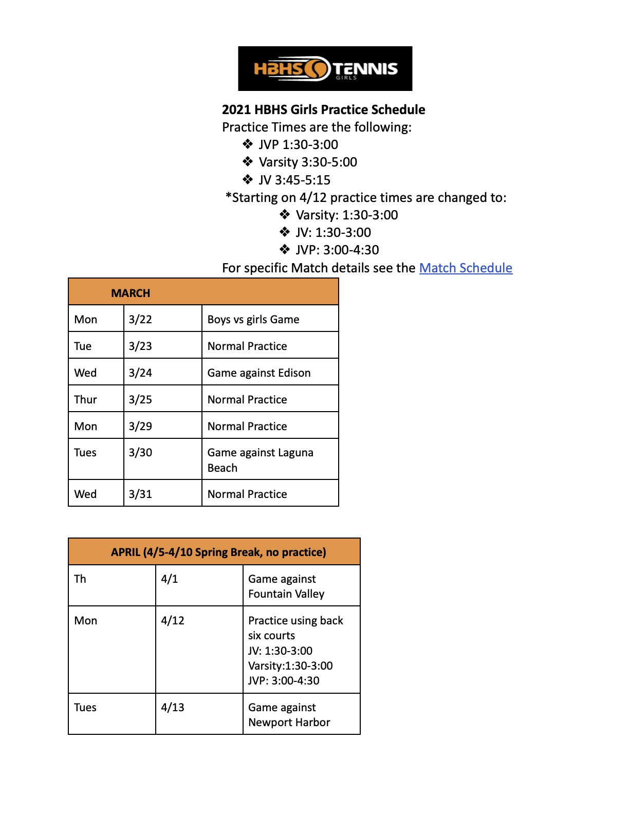 Schedule – HBHS Girls Tennis